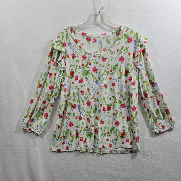 Loft Outlet Women's White Floral Blouse Ruffle Shoulders Size L 22425-1069 - Picture 1 of 6